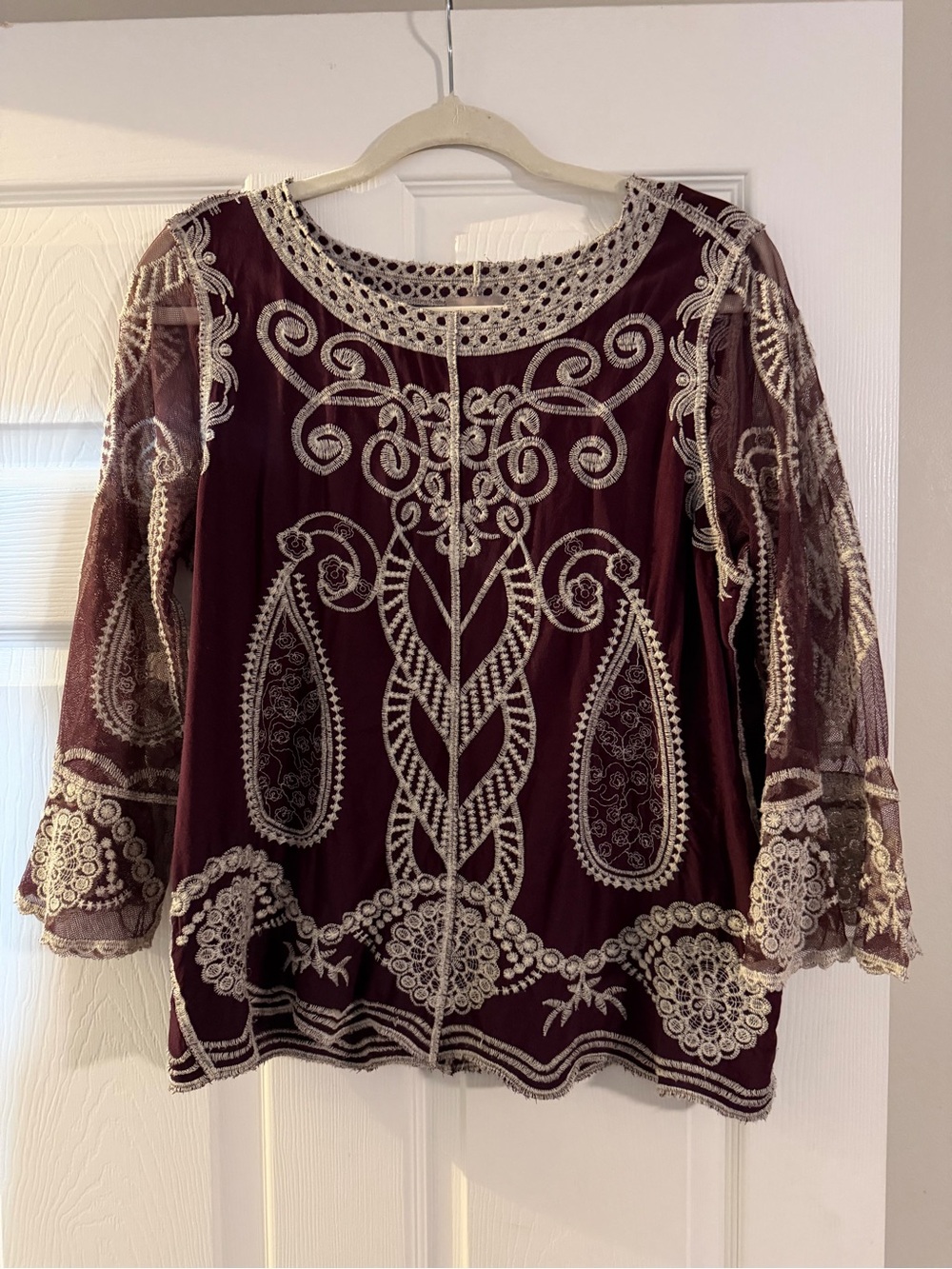 Chico's Burgundy Top with Cream Embroidery and Sheer Sleeves